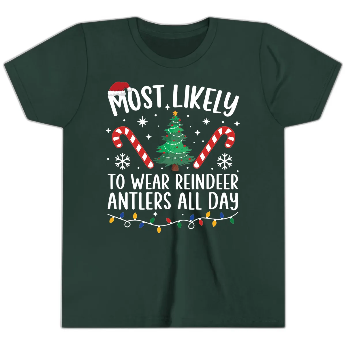 Most Likely To Wear Reindeer Antlers All Day Youth T-Shirt in Forest